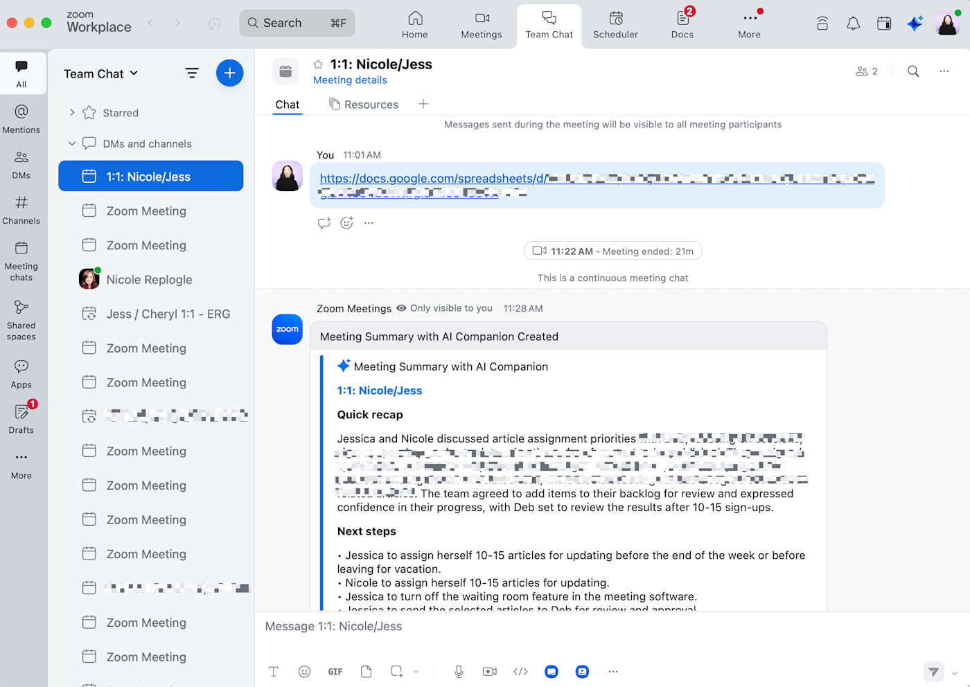 AI-generated meeting summary and meeting chat history in the Zoom desktop app. 