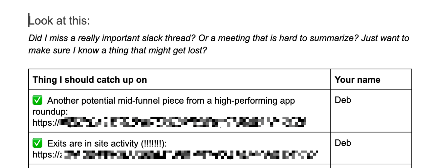 An OOO doc in a Google Doc with a list of things missed and who reported them