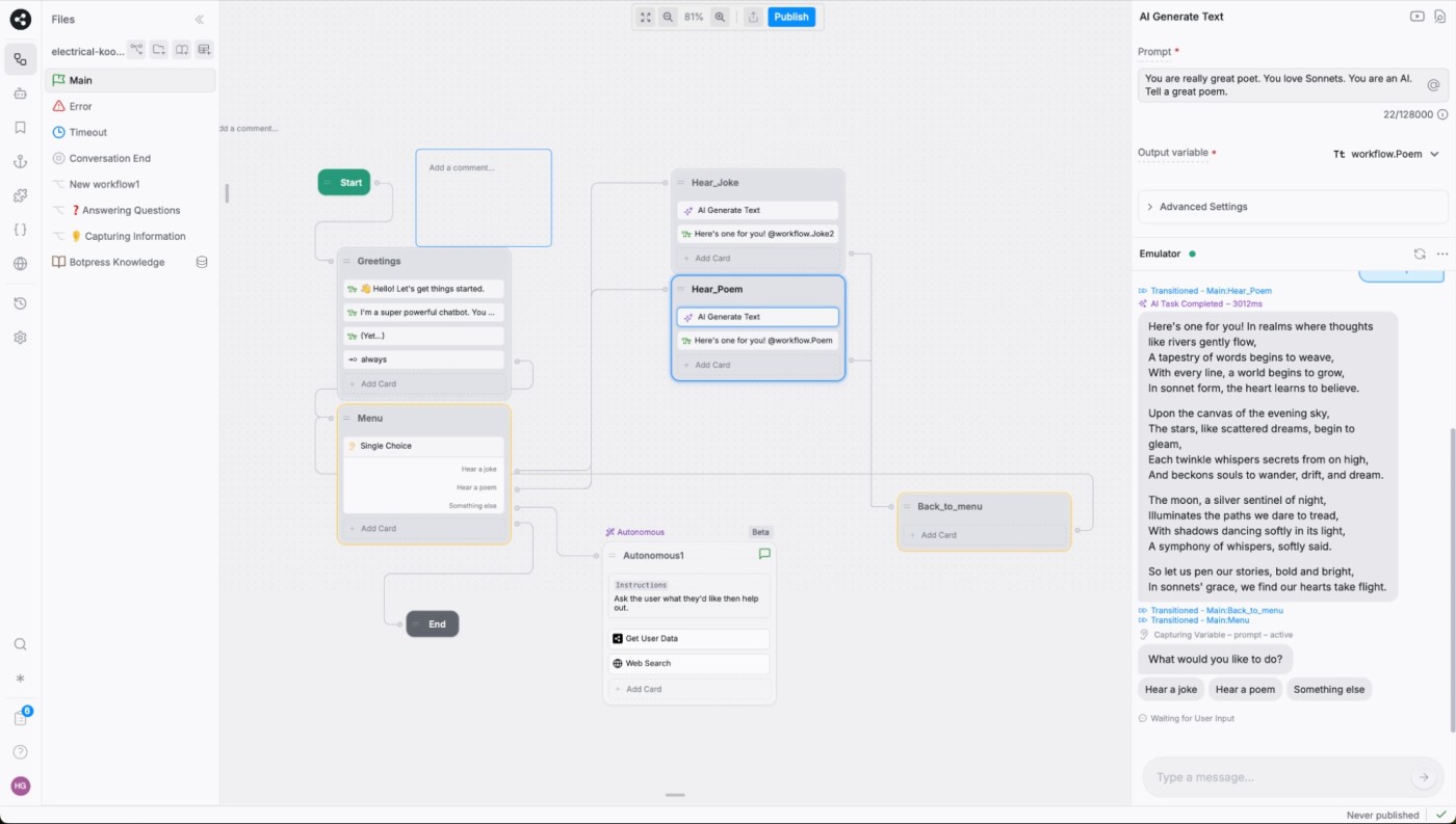 Botpress, our pick for the best chatbot builder for building powerful bots