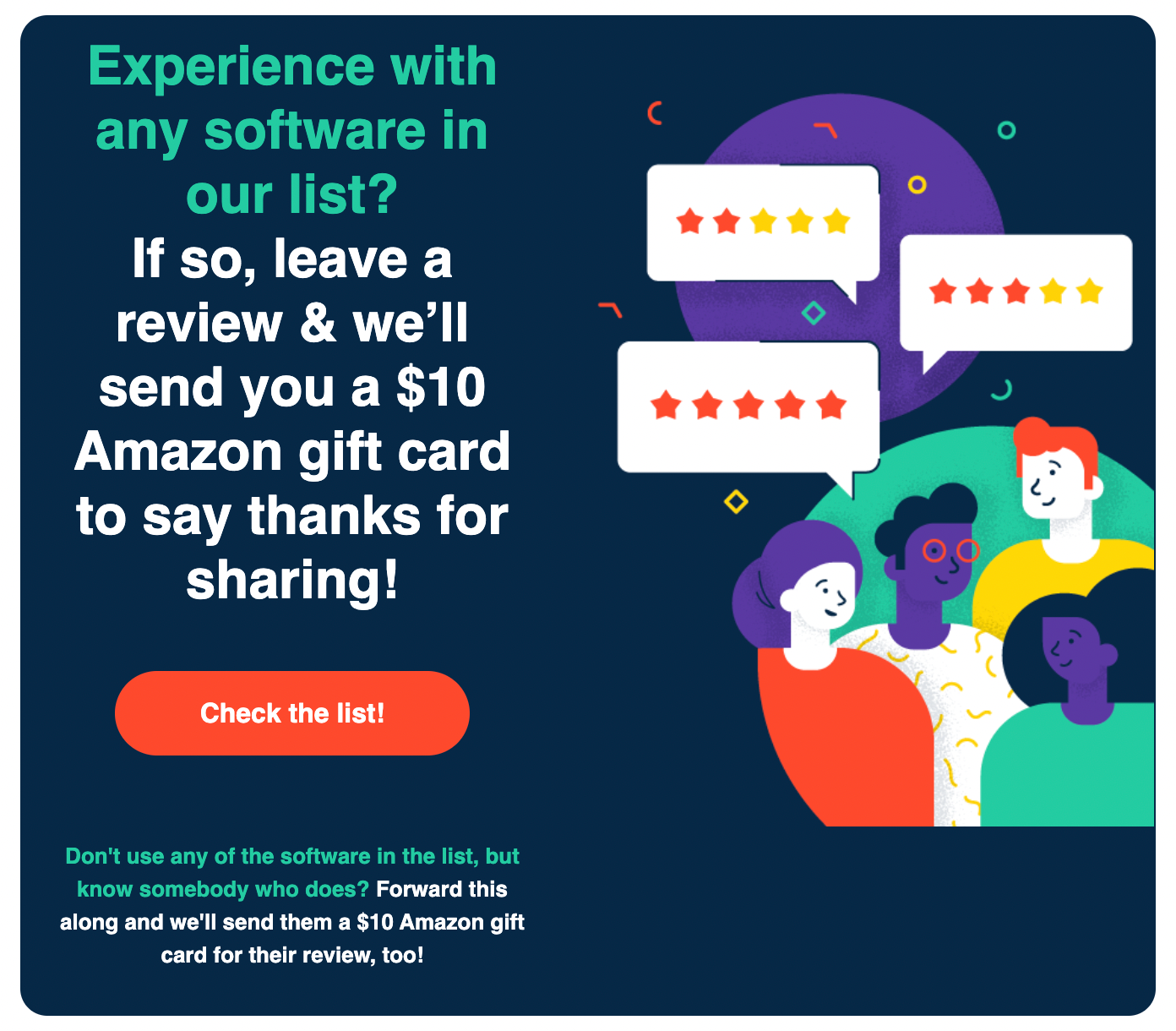 An example of an email campaign with a specific prompt from G2, asking people to review software