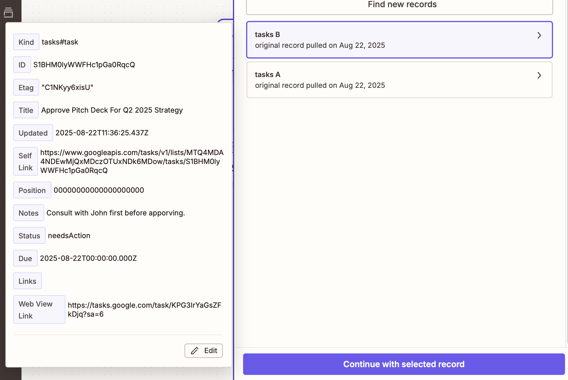 Test data from the Google Tasks step is shown, with "How does adding this to Slack work?" listed in the notes field.