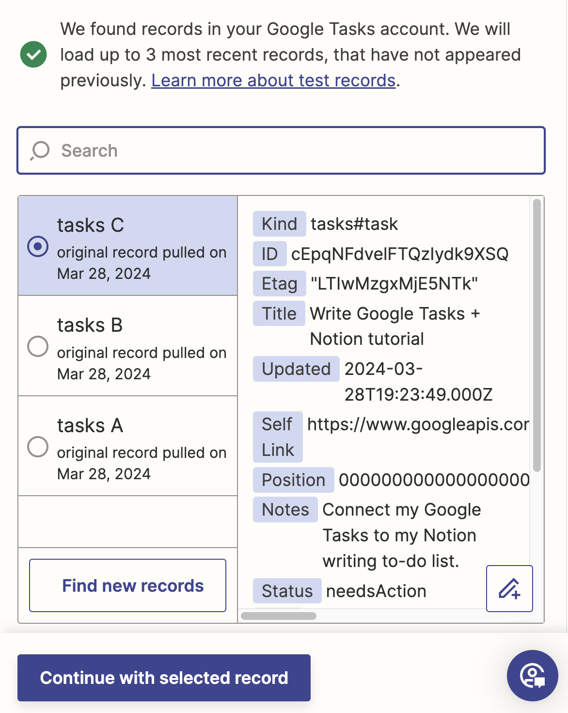 Test data from the Google Tasks step is shown, with "How does adding this to Slack work?" listed in the notes field.