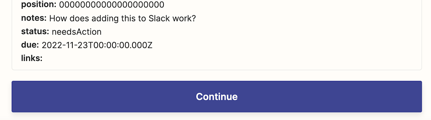 Test data from the Google Tasks step is shown, with "How does adding this to Slack work?" listed in the notes field.