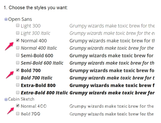 google fonts choose styles