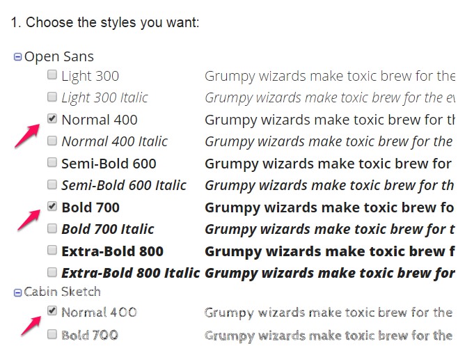 google fonts choose styles