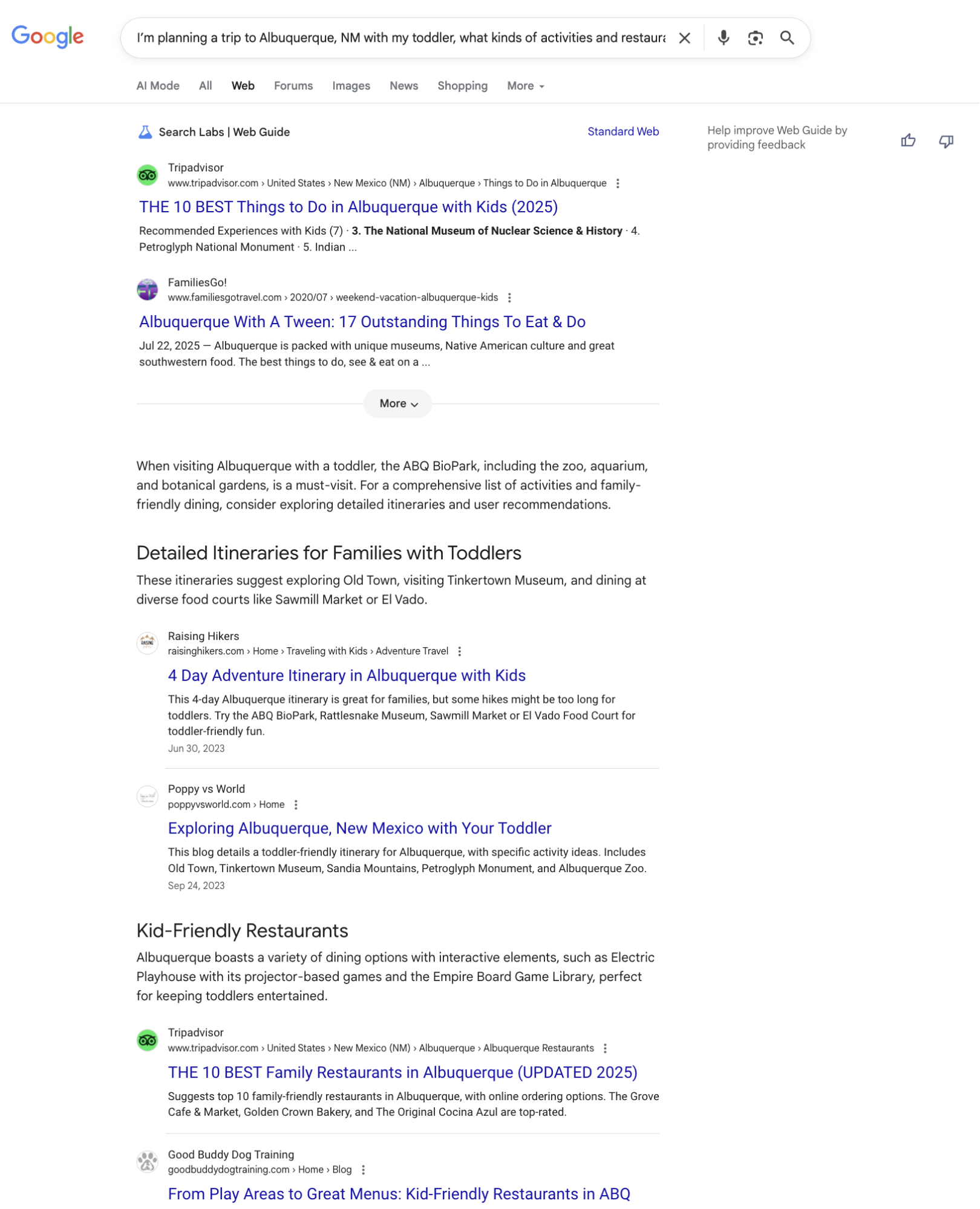 A Google Web Guide results page for travel planning