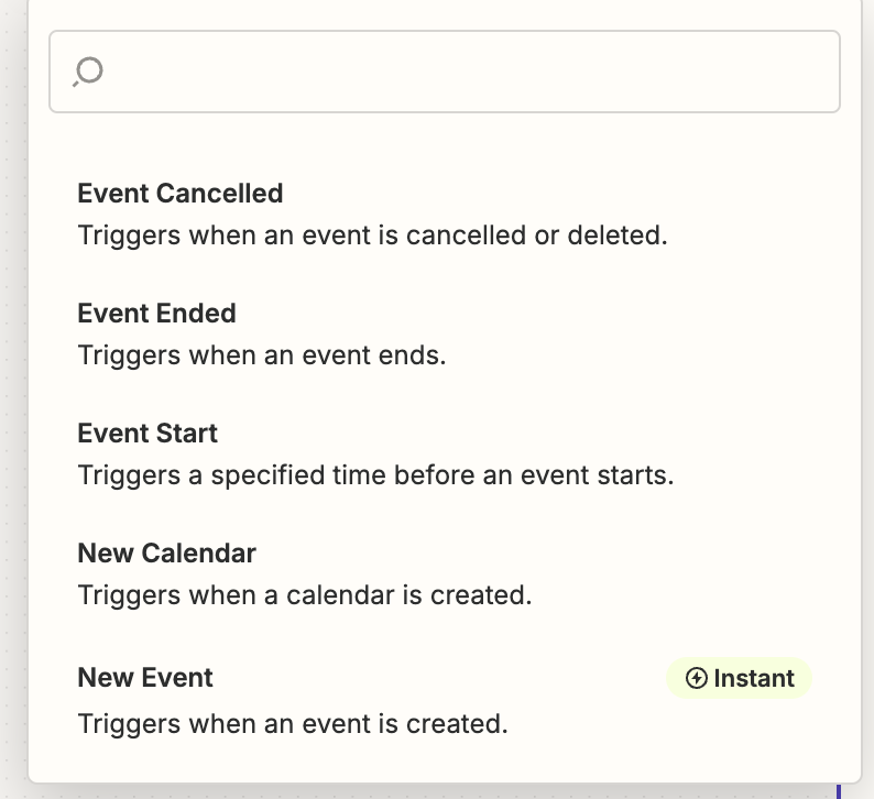 A dropdown menu lists the trigger event options for Google Calendar.