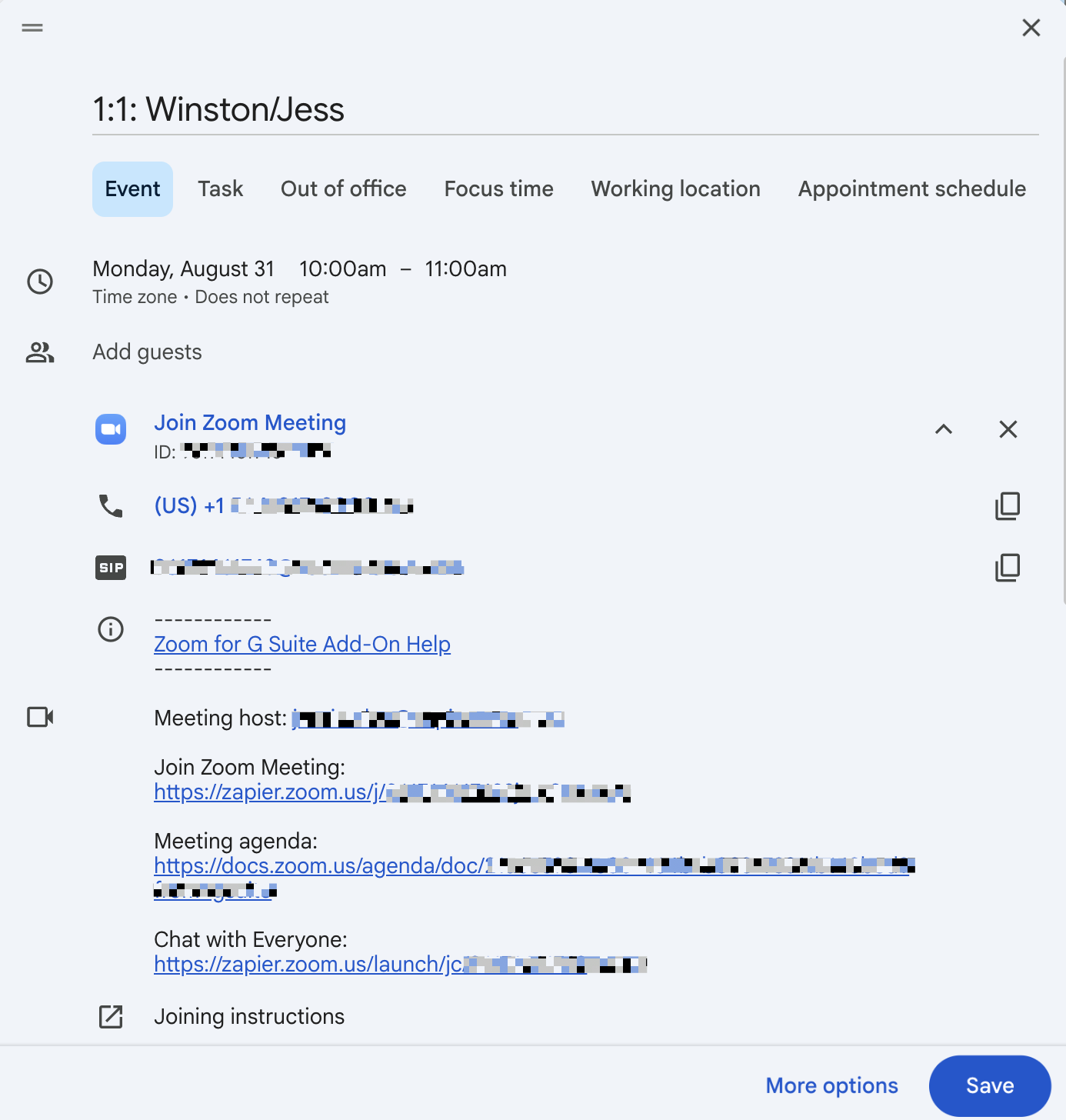 Google Calendar event with an expanded view of the Zoom meeting details.