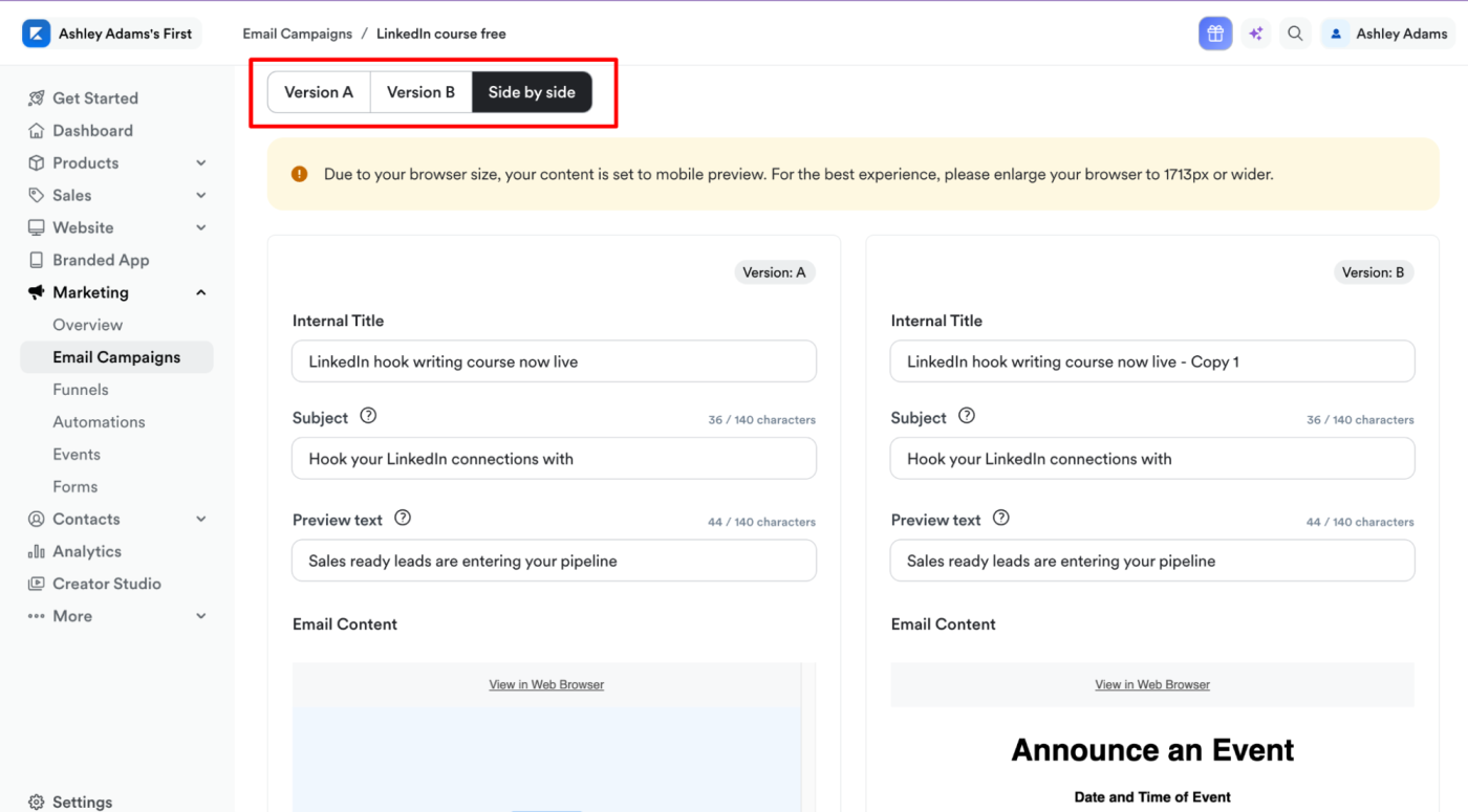 A/B testing in Kajabi, with both side by side