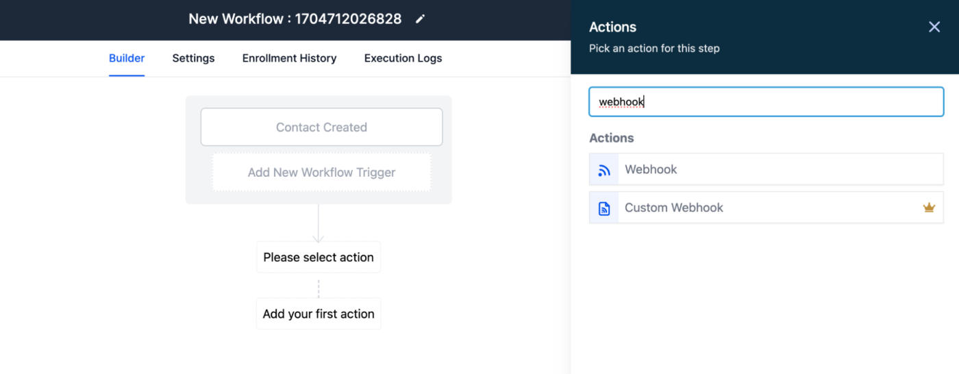 The Actions pane in HighLevel with webhook added to the search box.