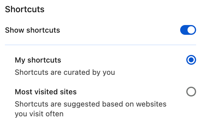 The Shortcuts toggle in the Chrome customization sidebar. 