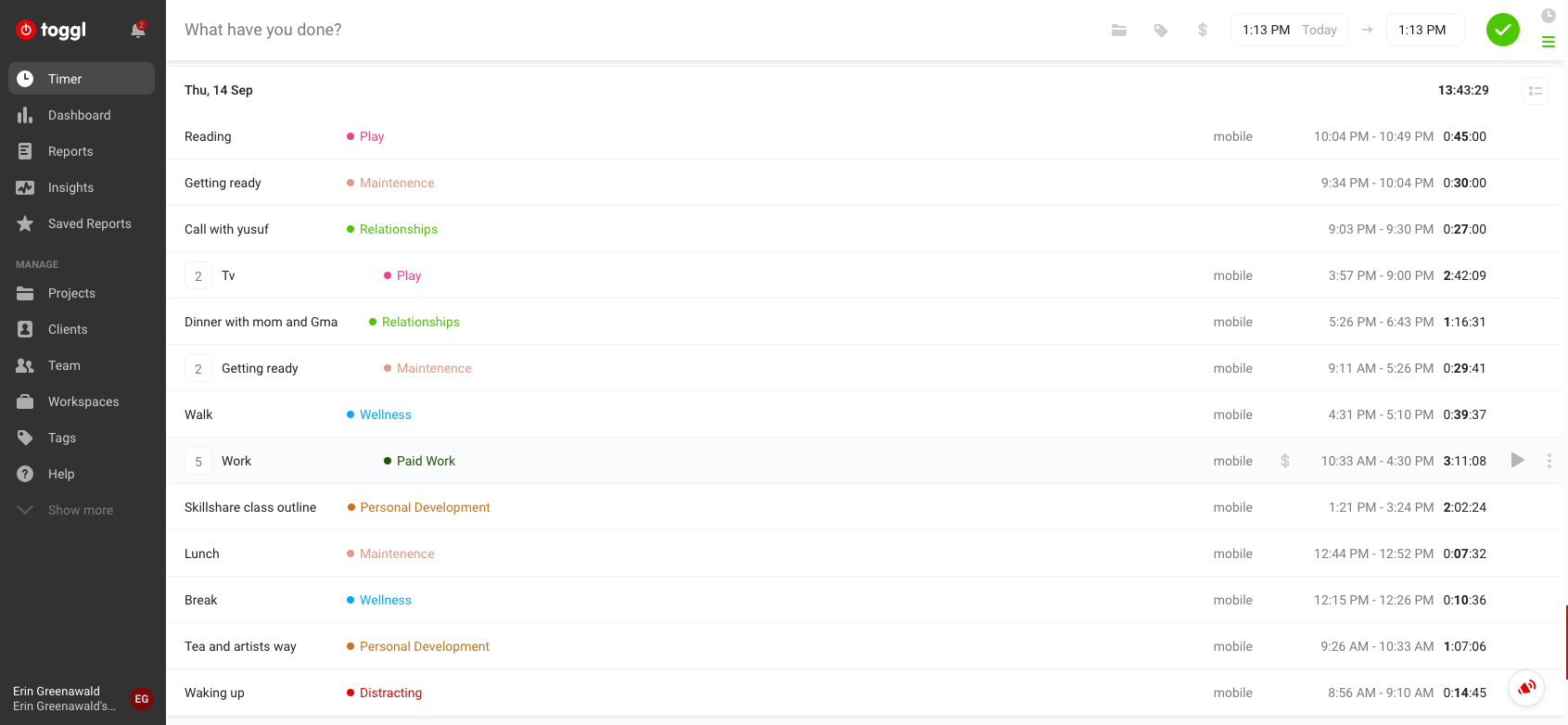 Toggl time tracking example