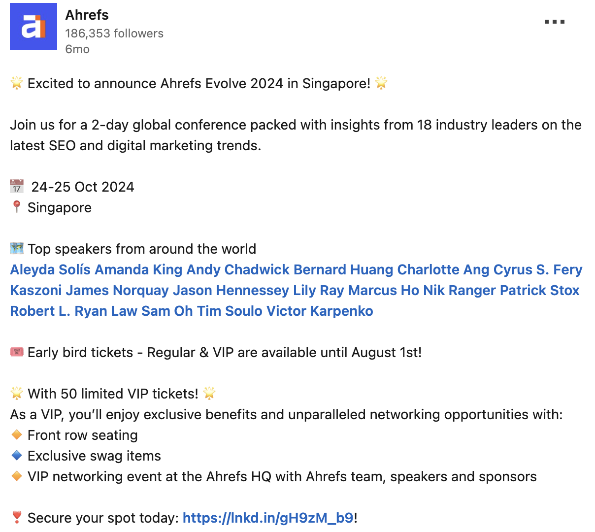 A LinkedIn post by Ahrefs announcing speakers at a conference