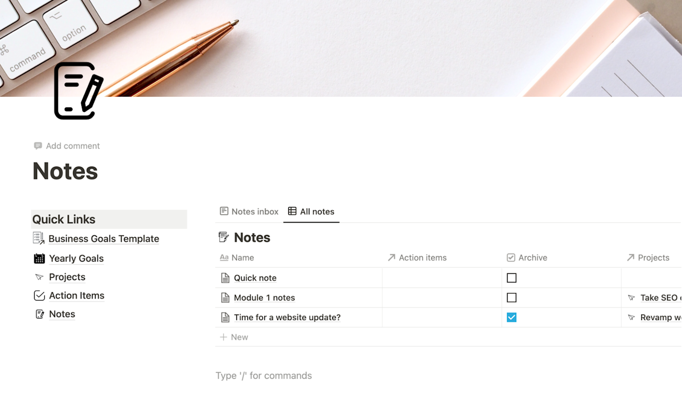 The Notes section in the Notion business goals template