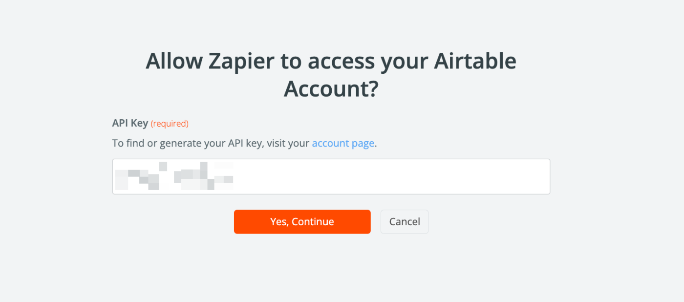 A pop-up that asks "Allow Zapier to access your Airtable Account?" with a field to paste in an API key.