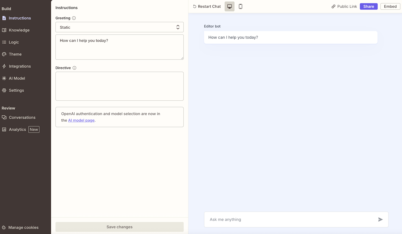 Screenshot of chatbot backend