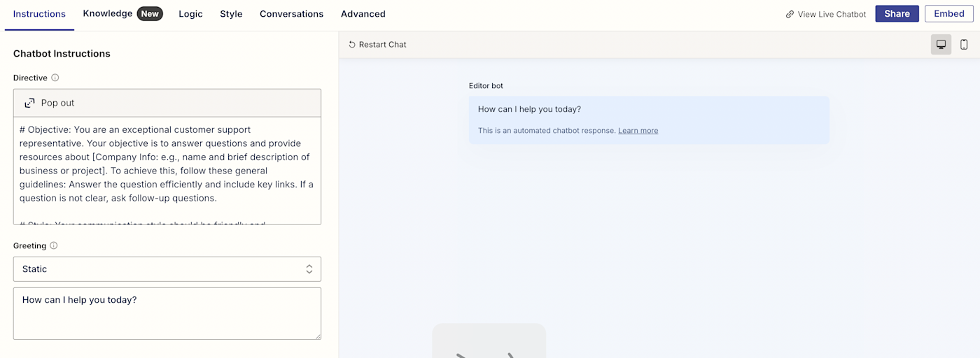 Screenshot of chatbot backend