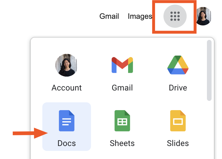 Portion of Google's home screen with the icon for the menu of Google apps highlighted and an arrow pointing to Google Docs.