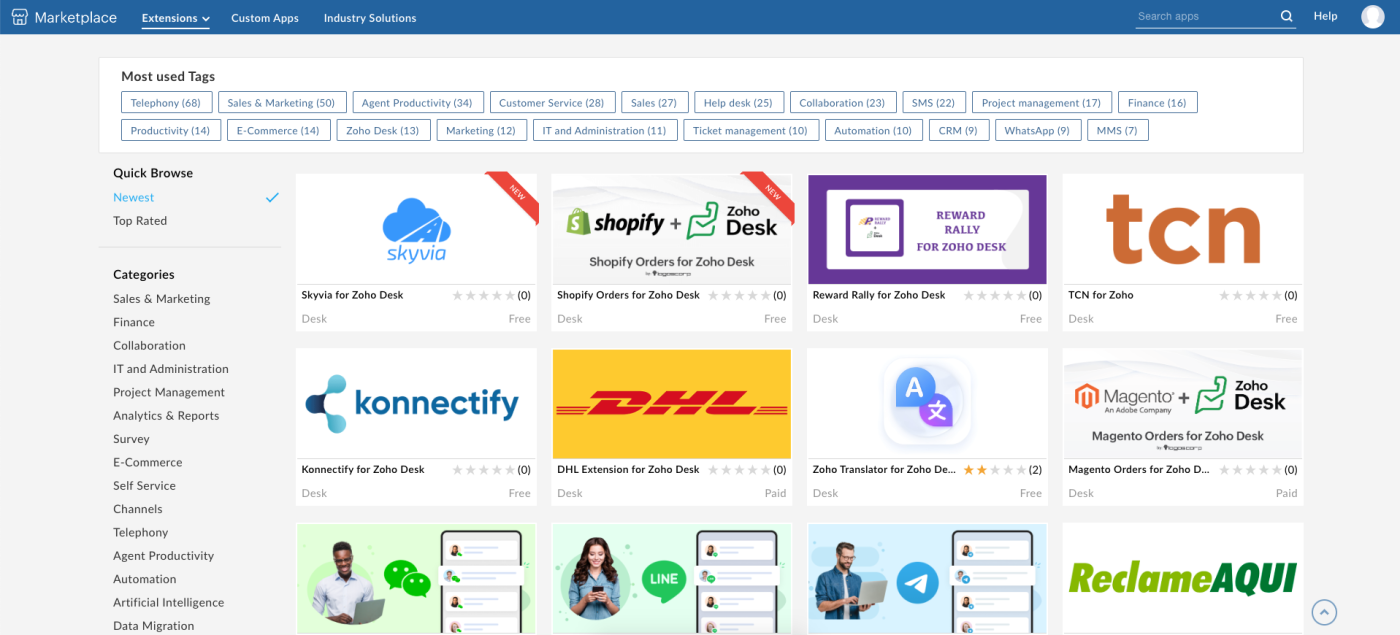 Screenshot of Zoho’s integrations that are available through Zapier.