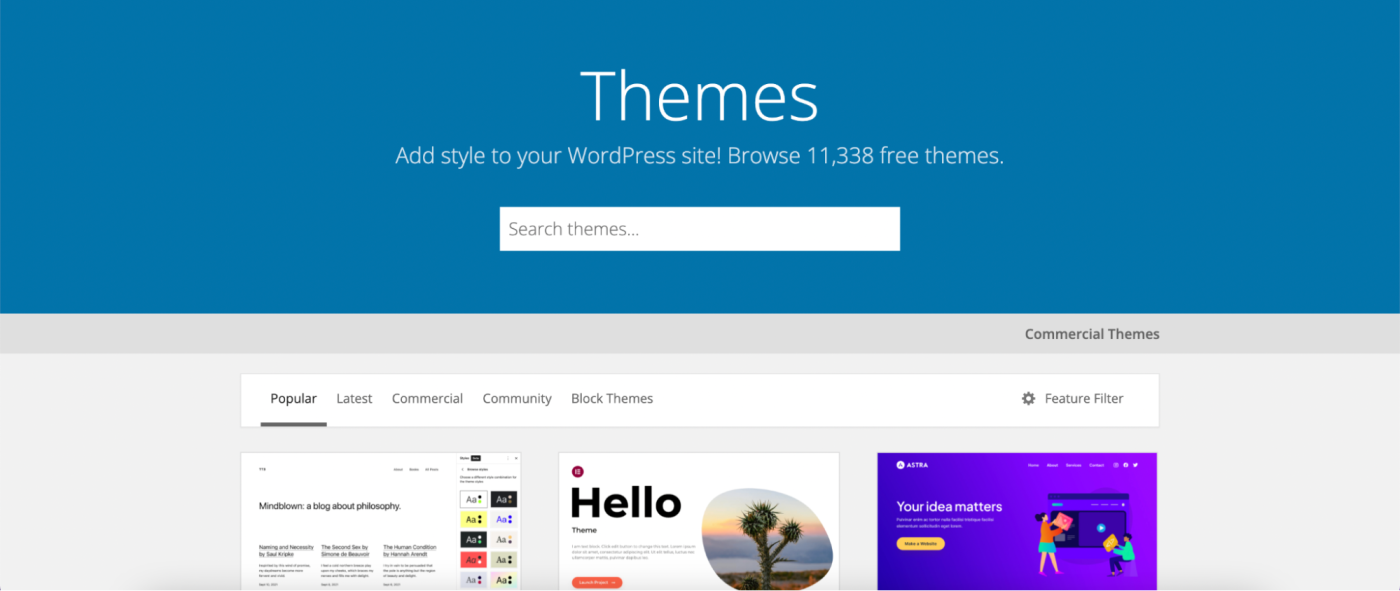 WordPress themes page