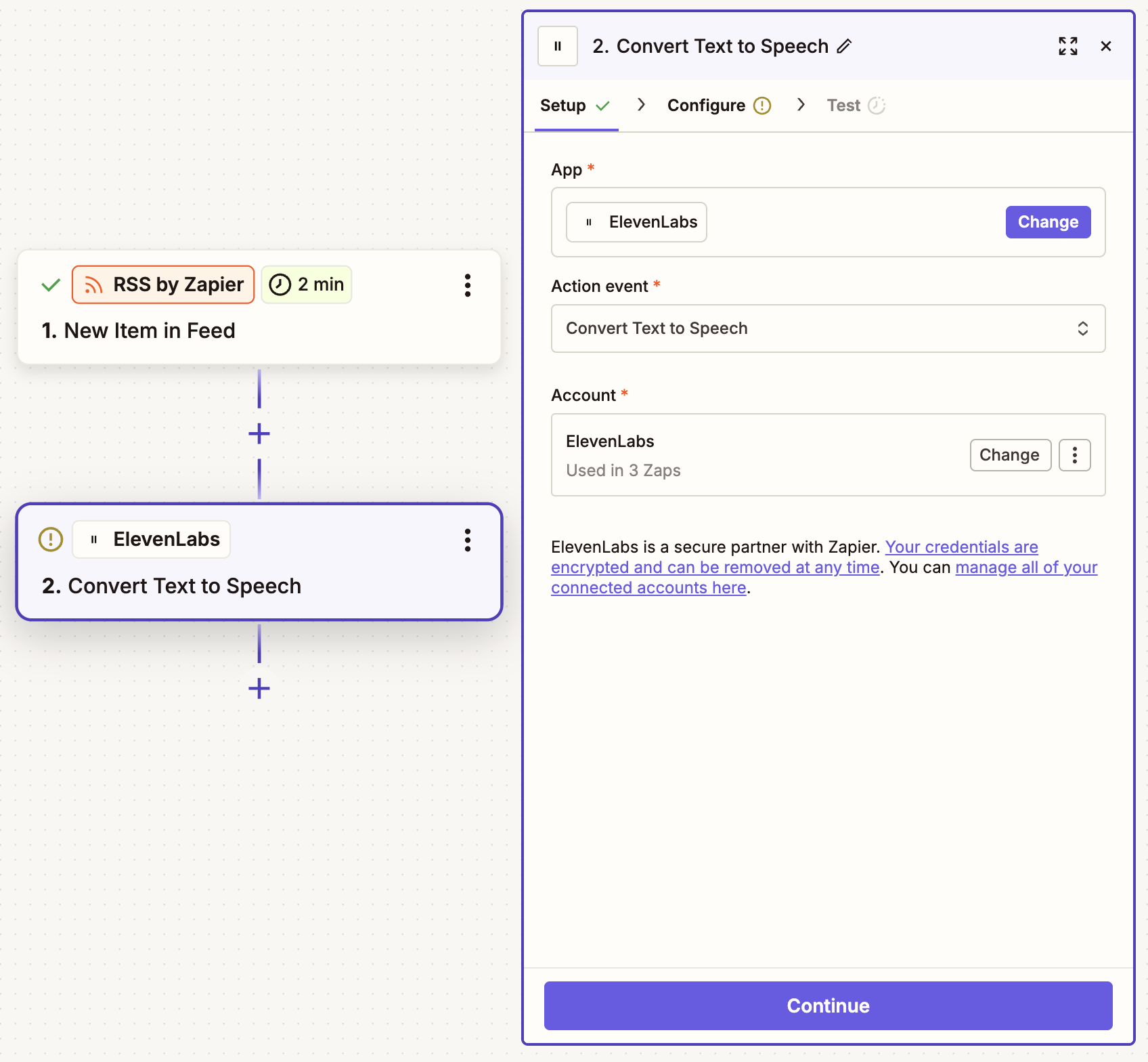 Setup for an ElevenLabs action step in the Zap editor