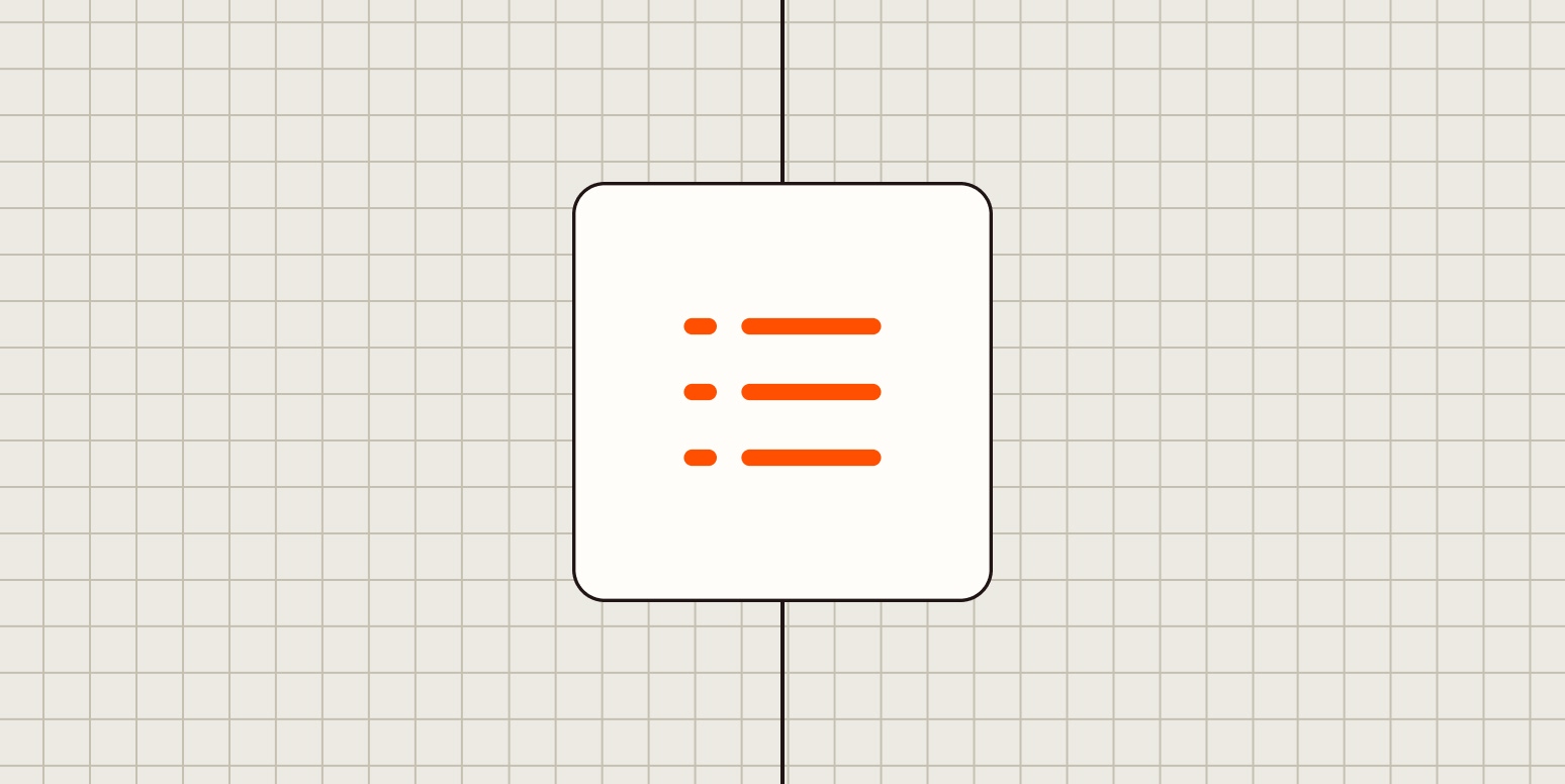 An icon representing tasks in a list in a white square on a light orange background.