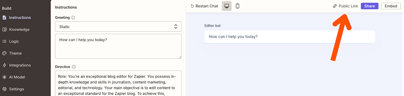 Screenshot of view live chatbot link