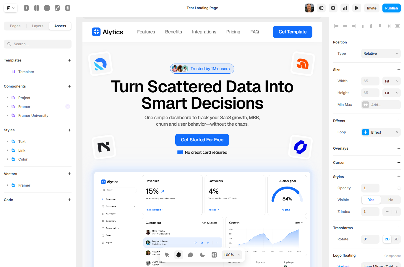 Framer's website editing interface