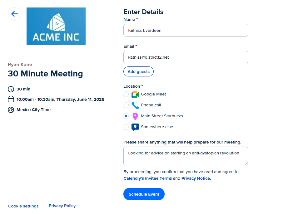 Letting the attendees select their settings in Calendly