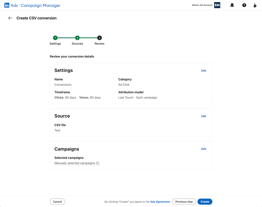 Screenshot of the "Create CSV conversion" review page in LinkedIn Ads Campaign Manager.