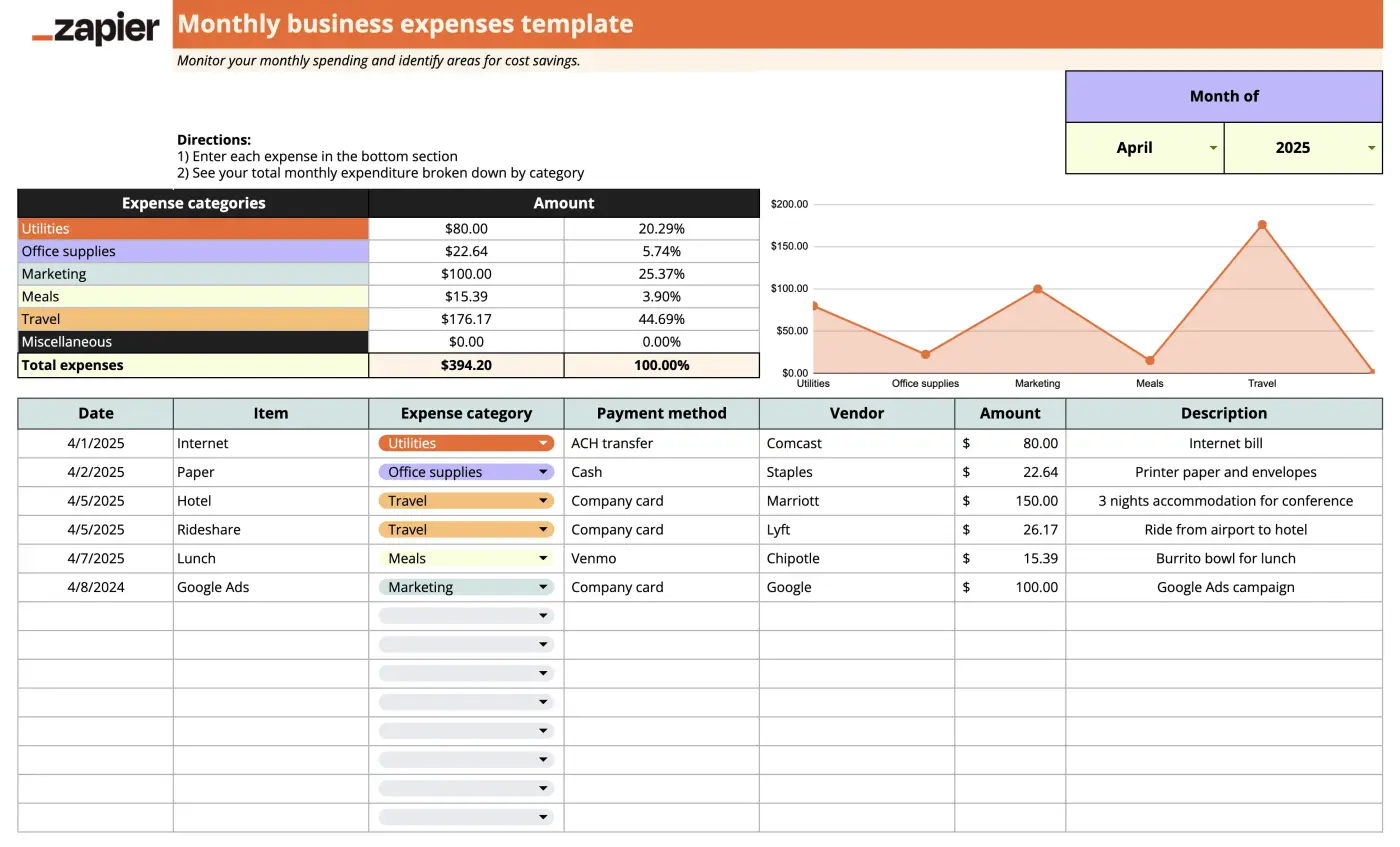 Screenshot of a monthly business expenses template