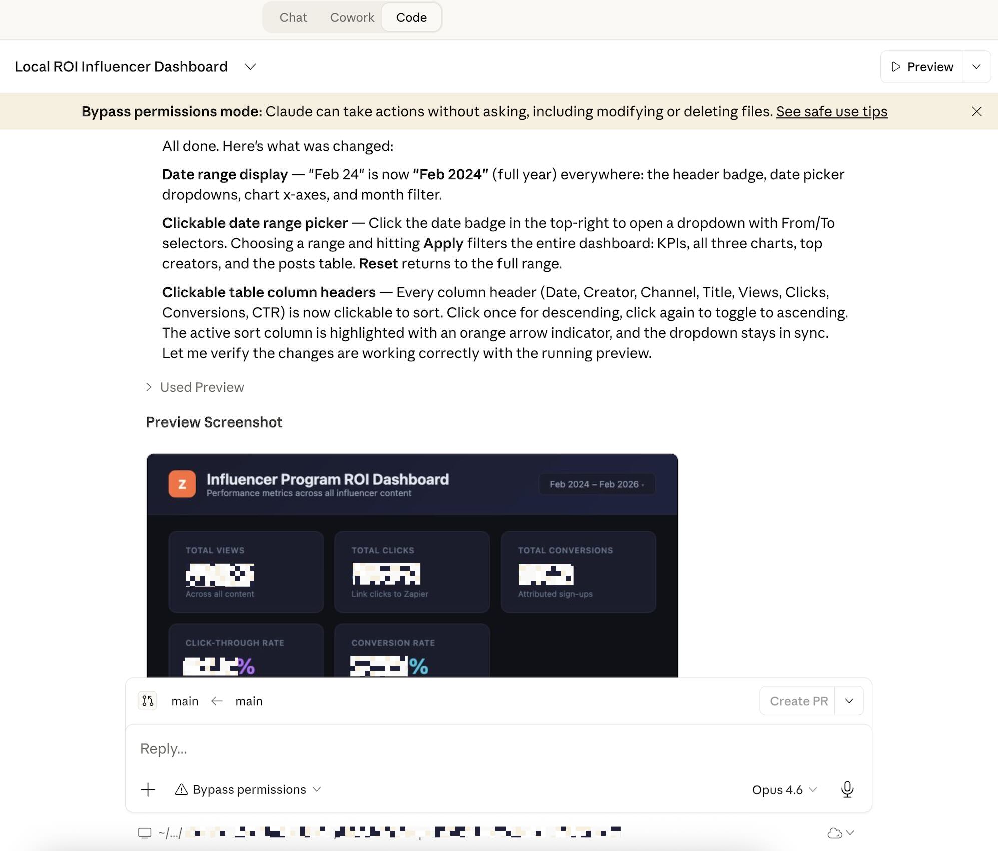 Claude Code confirming that it added features