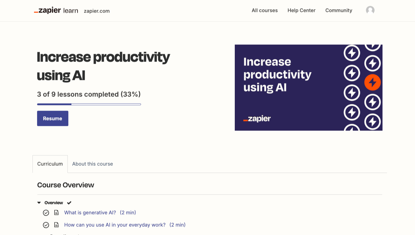 The homepage of Increase productivity using AI, one of the best AI courses