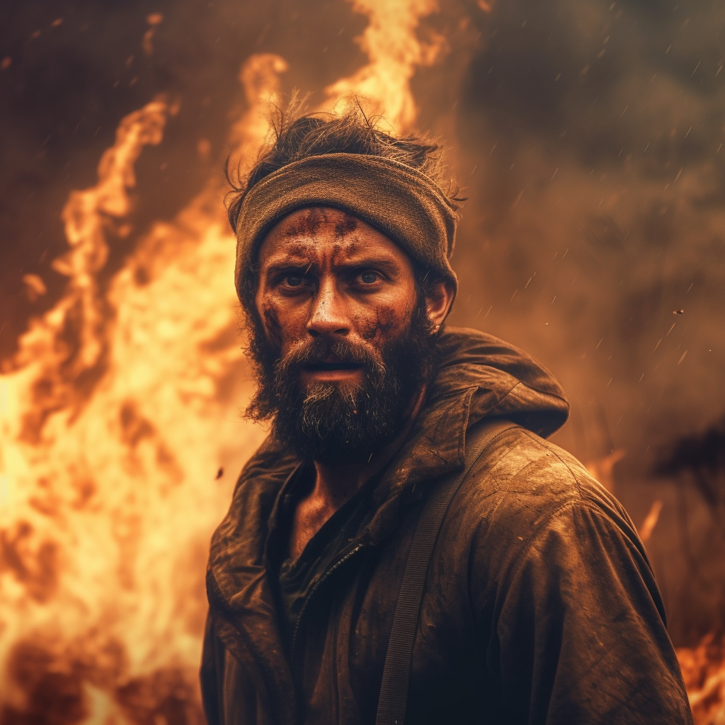 A close-up of a person staring at the camera with a fire in the background