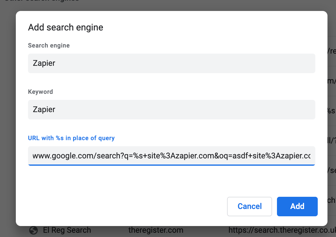 Adding any site specific search to Chrome