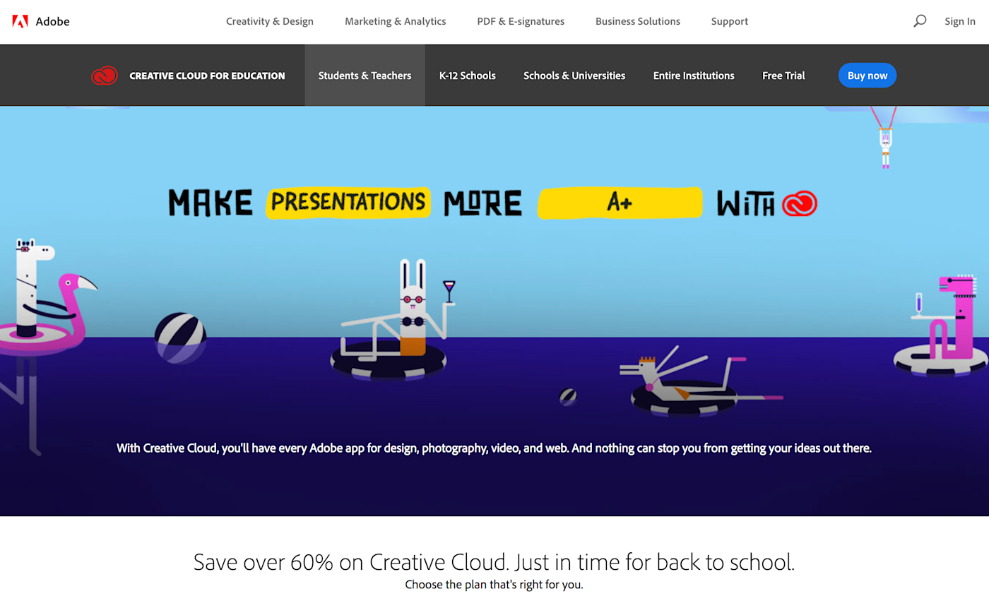 Adobe Creative Cloud student discount landing page