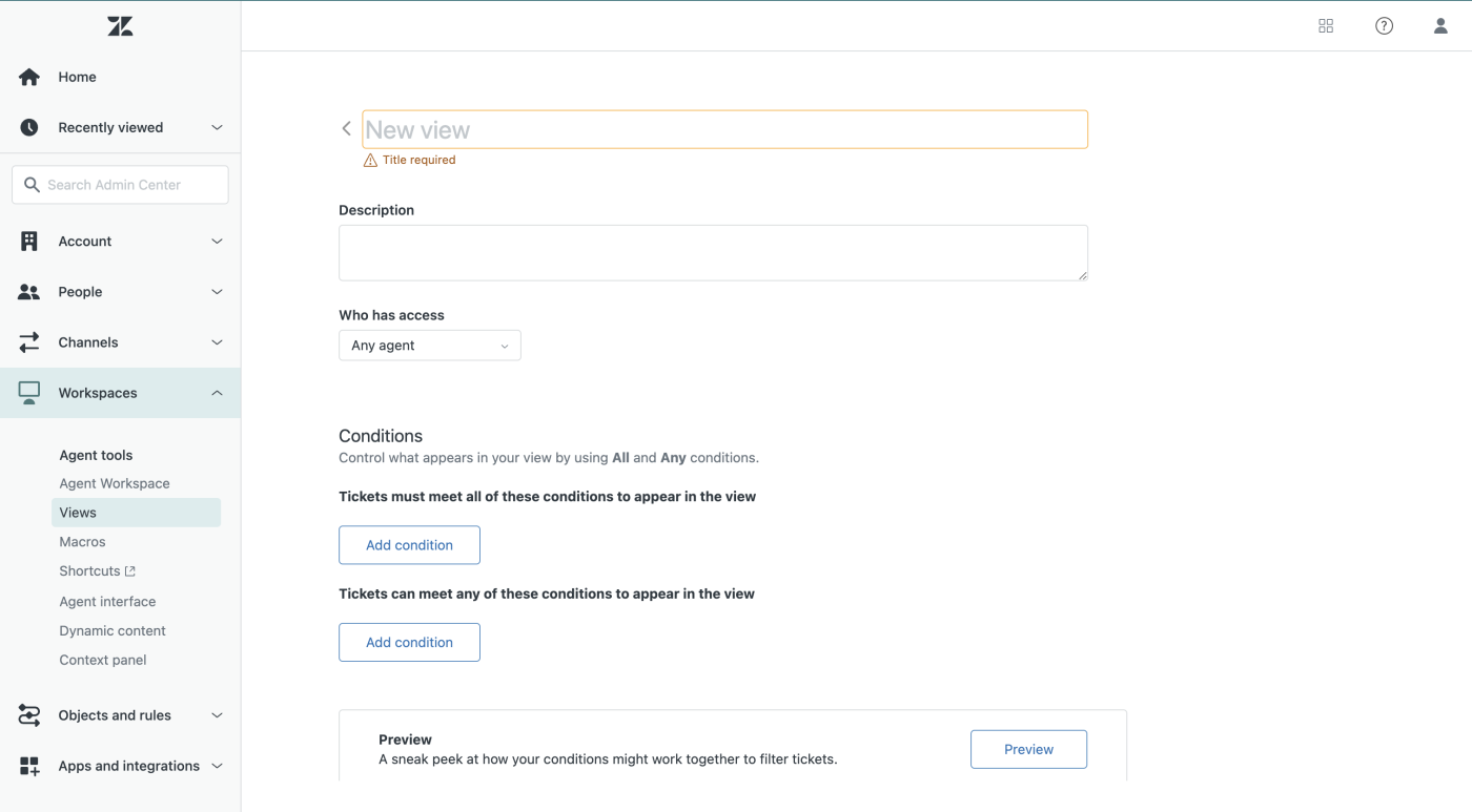 Screenshot showing how to create a new view in Zendesk.