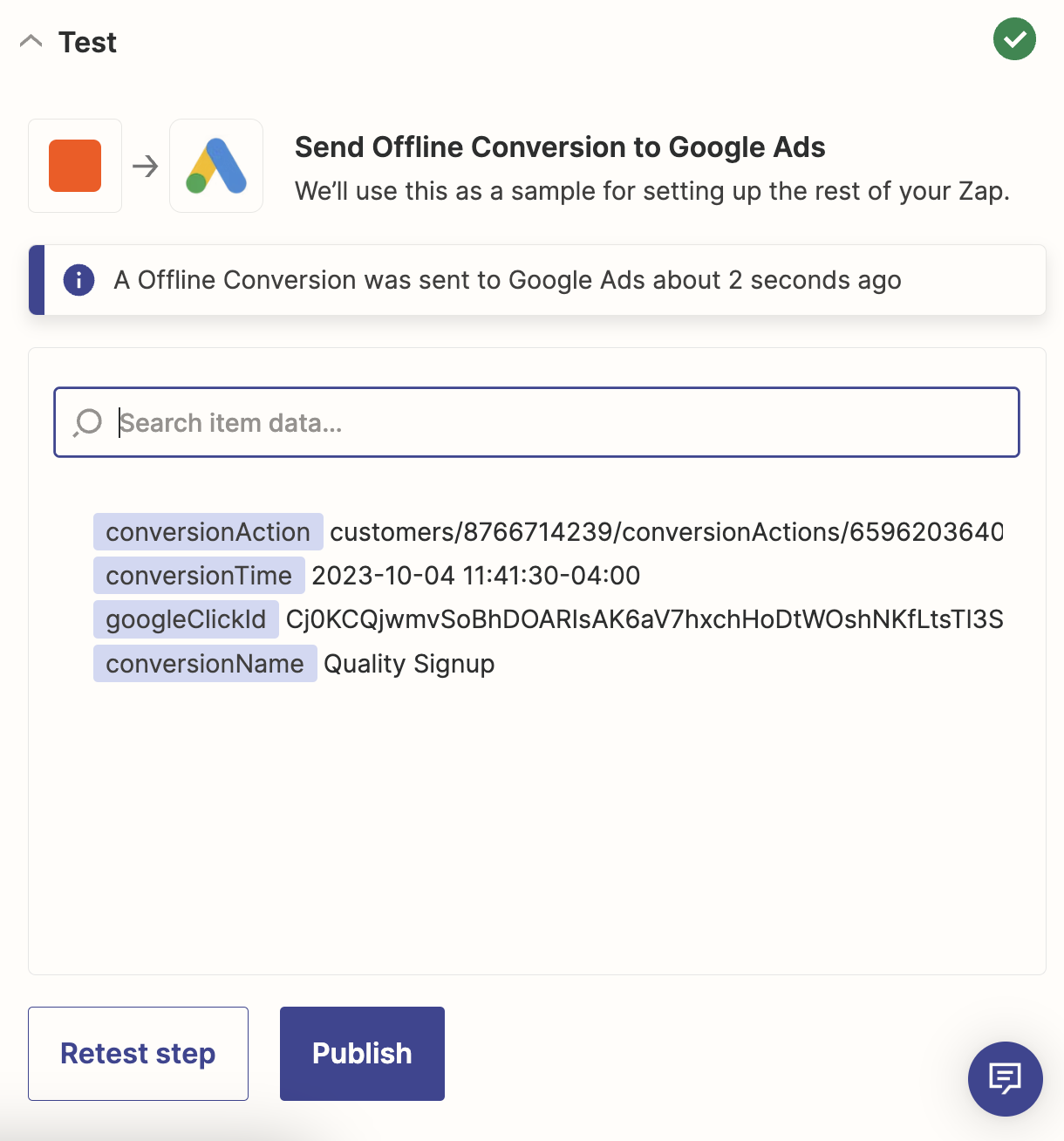 A screenshot of a successful Google Ads action step in the Zapier editor.