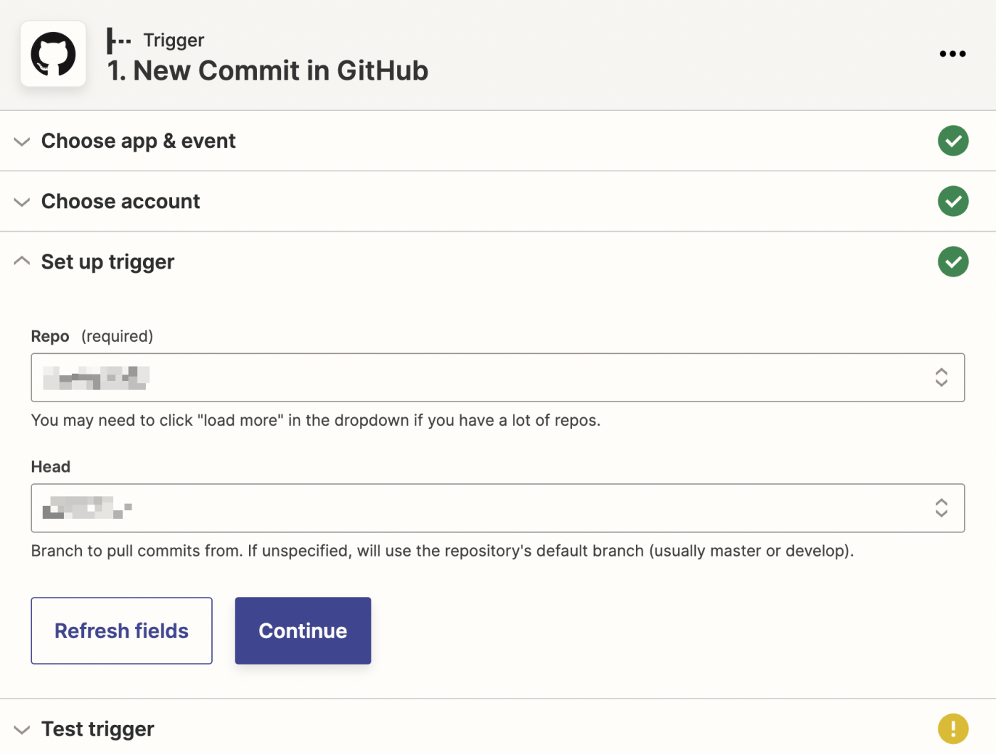 Screenshot setting up the details of a GitHub trigger event in Zapier.