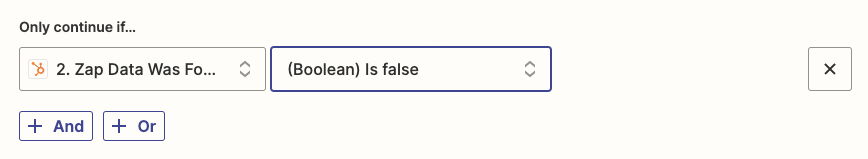 The final path rule should contain the field "Zap Data Was Found" and the condition "(Boolean) Is false."