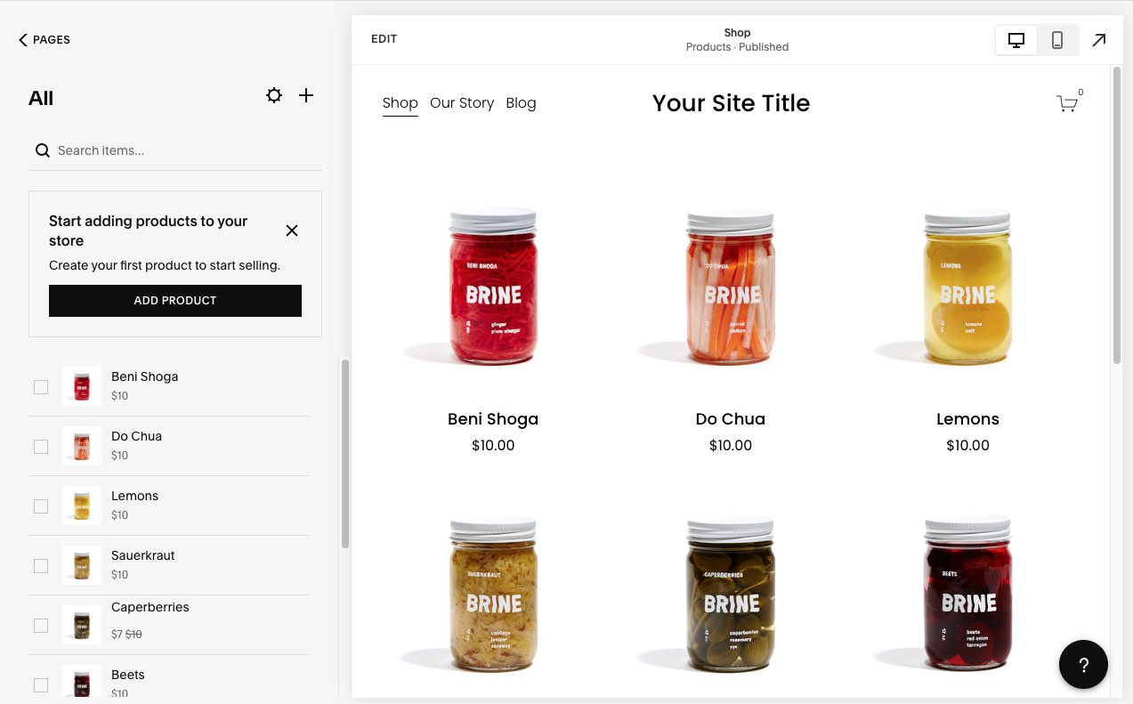 Screenshot of one example of Squarespace's product page layouts