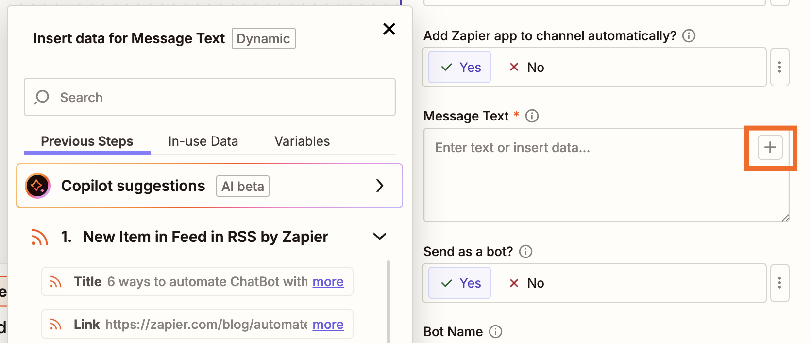 An orange box is shown around the plus sign in the Message Text field.