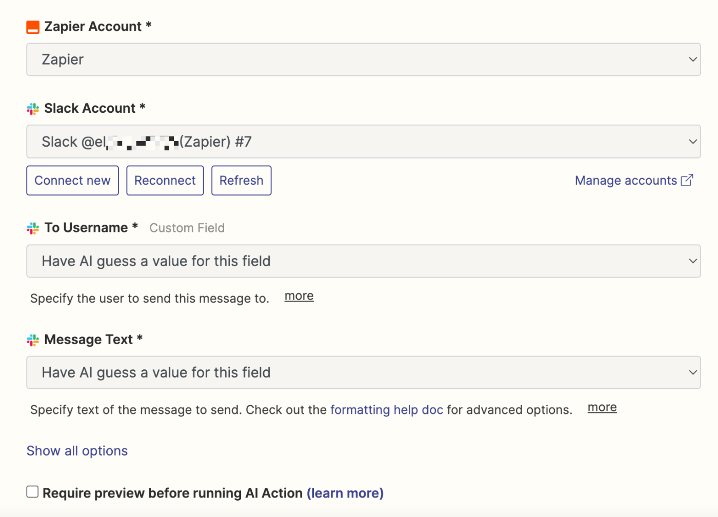 Screenshot of Slack action set up