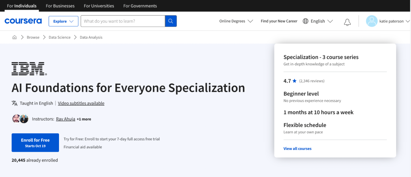 The homepage for AI Foundations for Everyone Specialization, one of the best AI courses