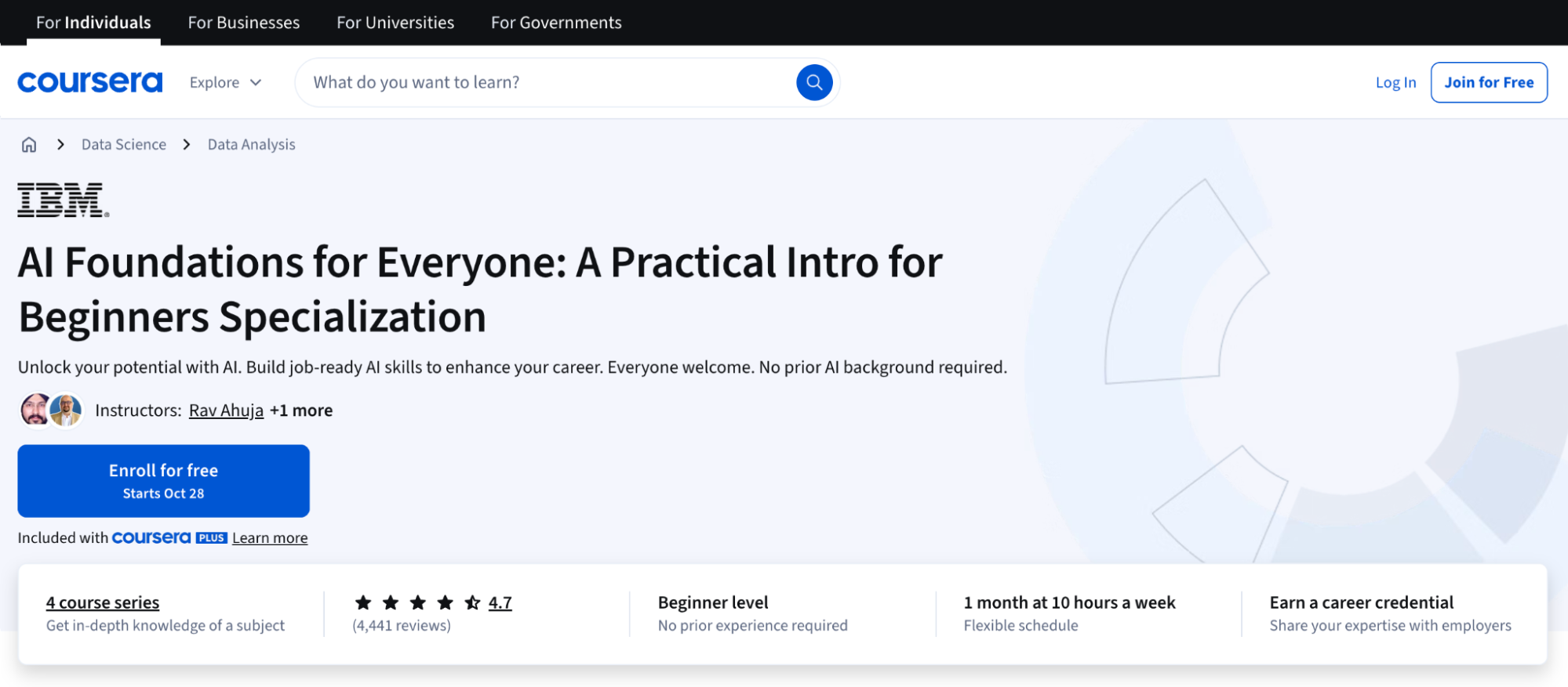 The homepage for AI Foundations for Everyone Specialization, one of the best AI courses