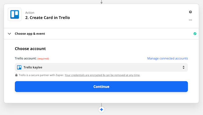 08 trello account Action set-up: Create card in Trello: Choose account