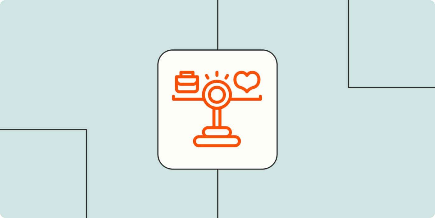 Stylized illustration of a balance scale weighing a suitcase and a heart. 