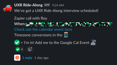 A Slack message announcing a new calendar event. The instructions in the message tells users to use the checkmark emoji to be added to the calendar invite. 
