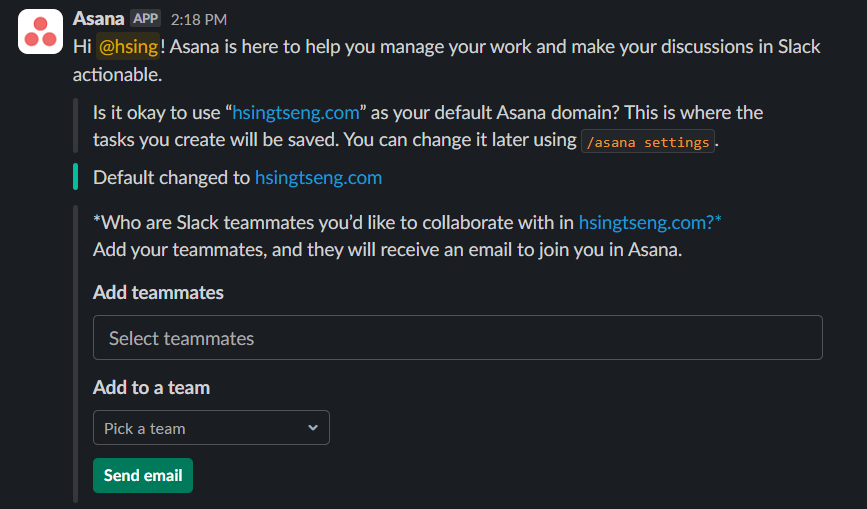 Configuring the Asana app in Slack
