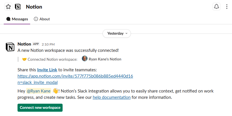 Configuring the Notion app in Slack